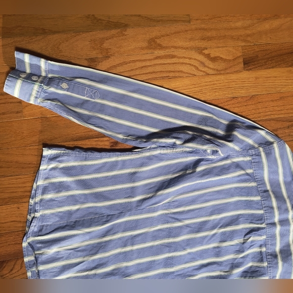 L.L.Bean Button Down Blouse, Women's Medium, Blue, Green, White Stripe/Dots - Picture 9 of 10